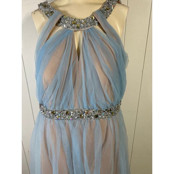 City Triangles Nude and sky blue jeweled halter top maxi Prom Dress. Size 17 - Picture 5 of 11